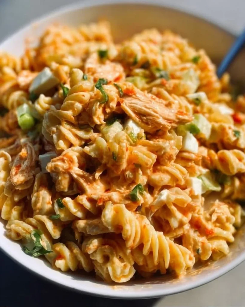 Bowl of Buffalo Chicken Pasta Salad with vibrant ingredients and toppings