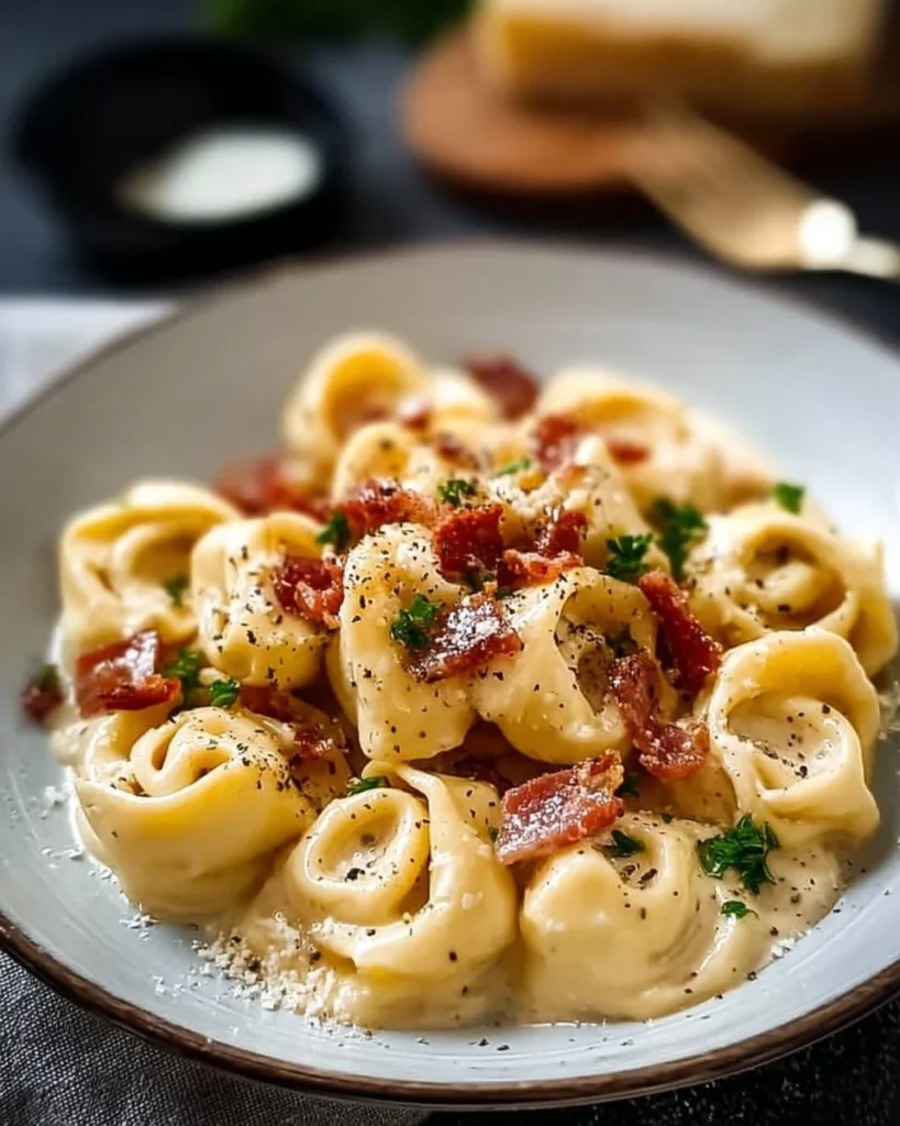 Plate of Carbonara Tortellini with cream sauce and herbs