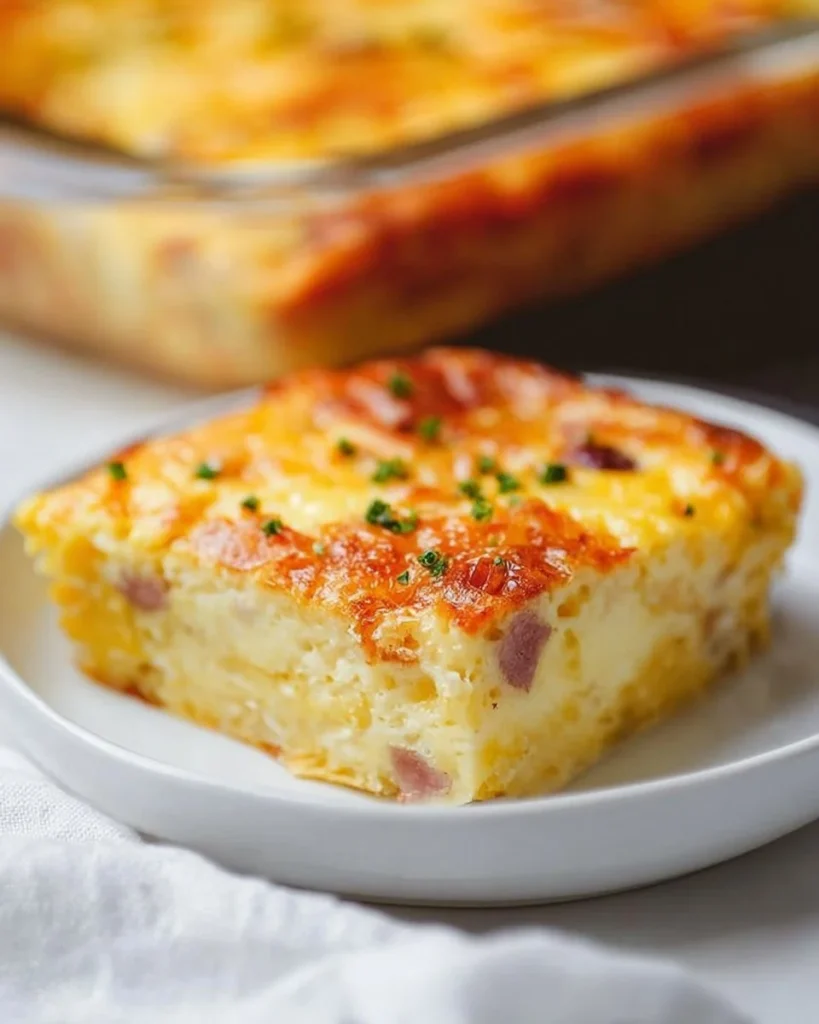 Delicious Cheesy Amish Breakfast Casserole with eggs and melted cheese