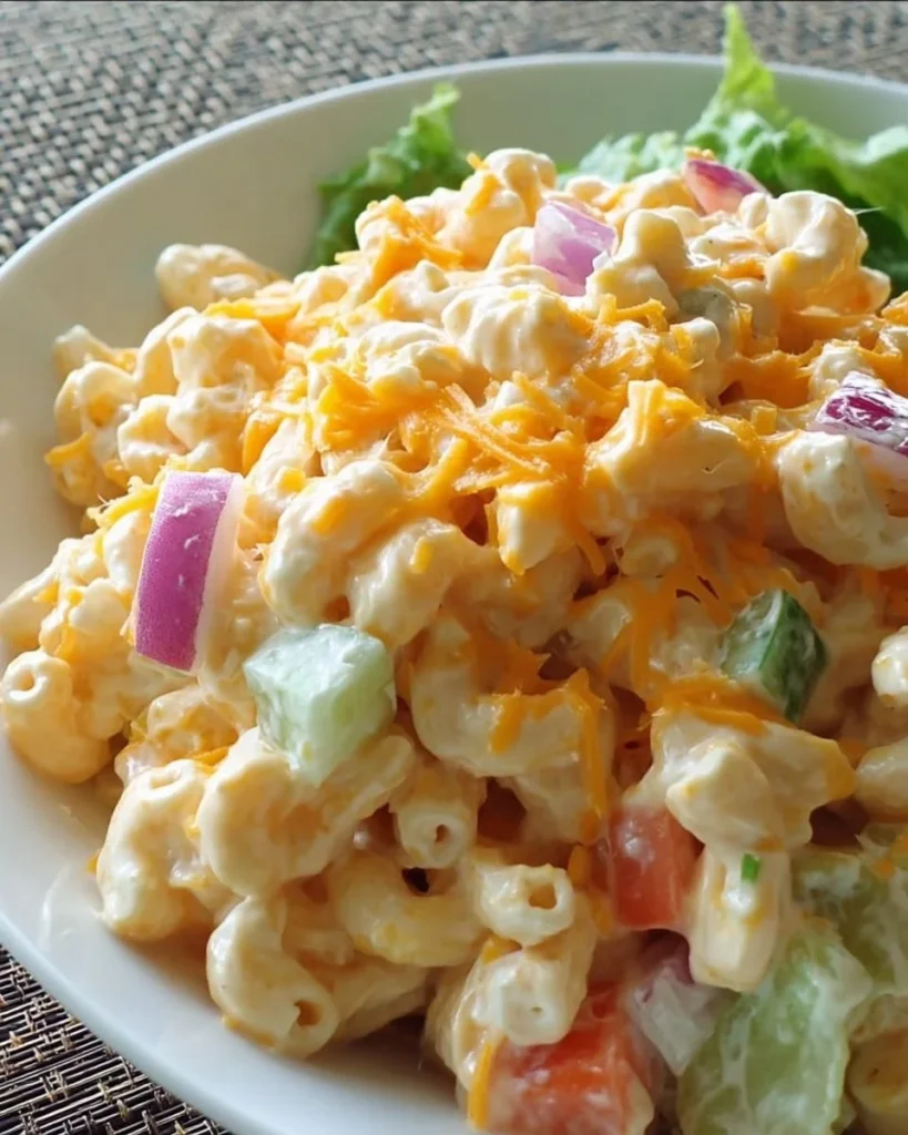 Cheesy Cheddar and Macaroni Salad in a bowl with fresh vegetables