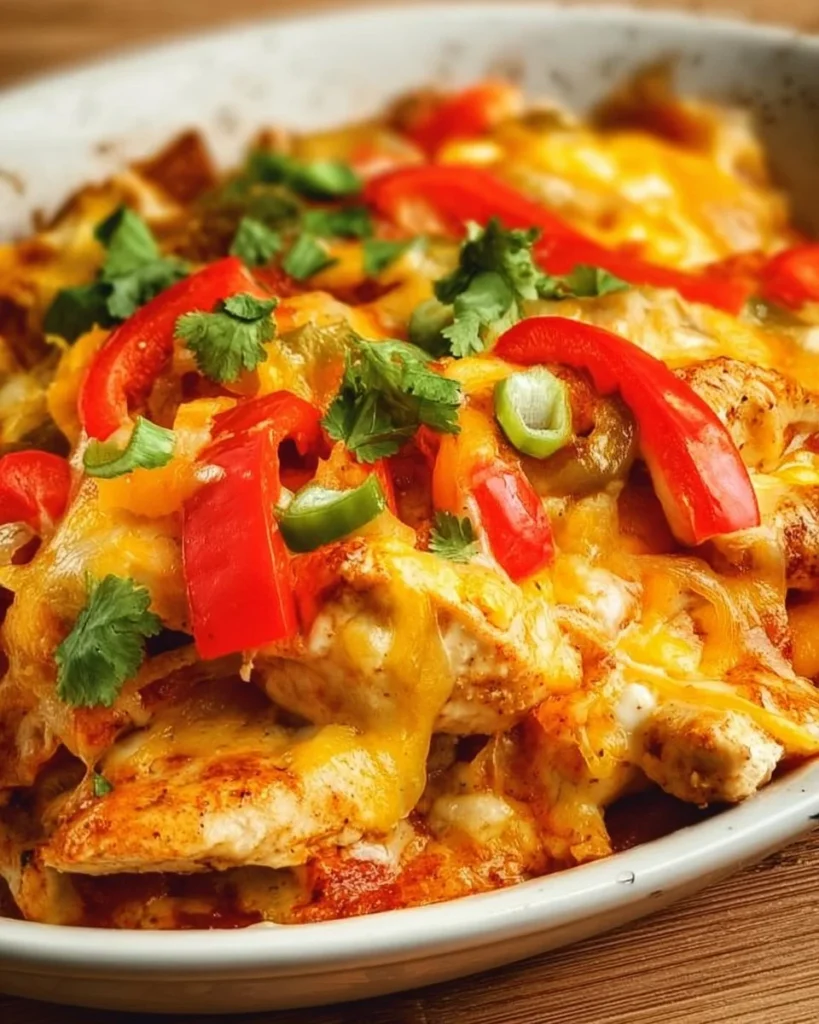 Cheesy chicken fajita casserole baked with peppers and cheese