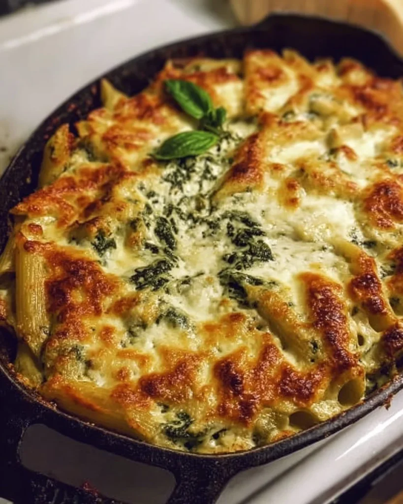Cheesy Spinach Dip Baked Penne topped with melted cheese and herbs