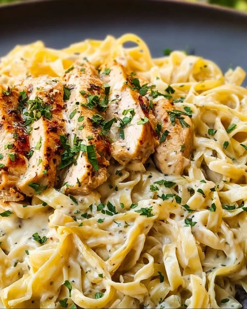 Delicious Chicken Fettuccine Alfredo topped with parmesan and herbs