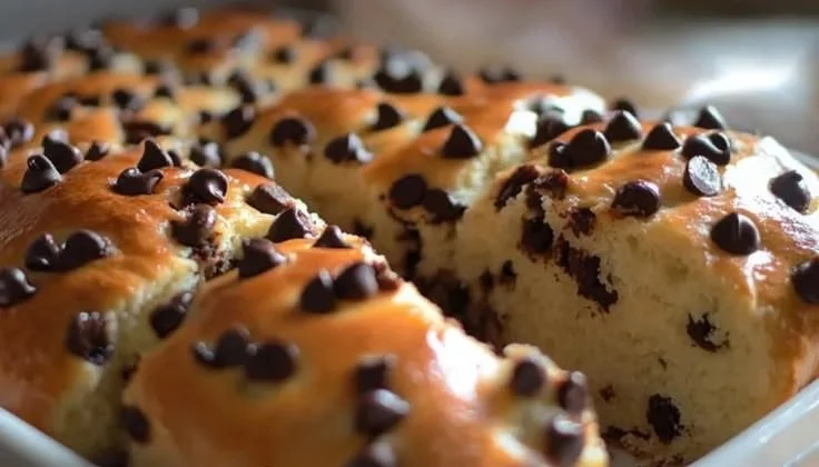A loaf of delicious Chocolate Chip Brioche Bread, golden brown and filled with chocolate chips.