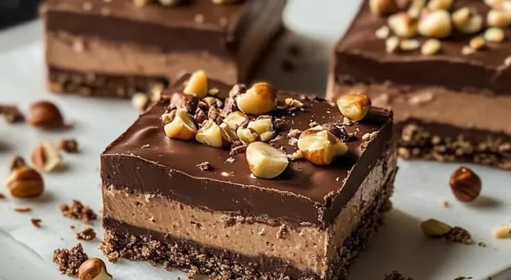 Delicious chocolate hazelnut dessert bars garnished with hazelnuts.