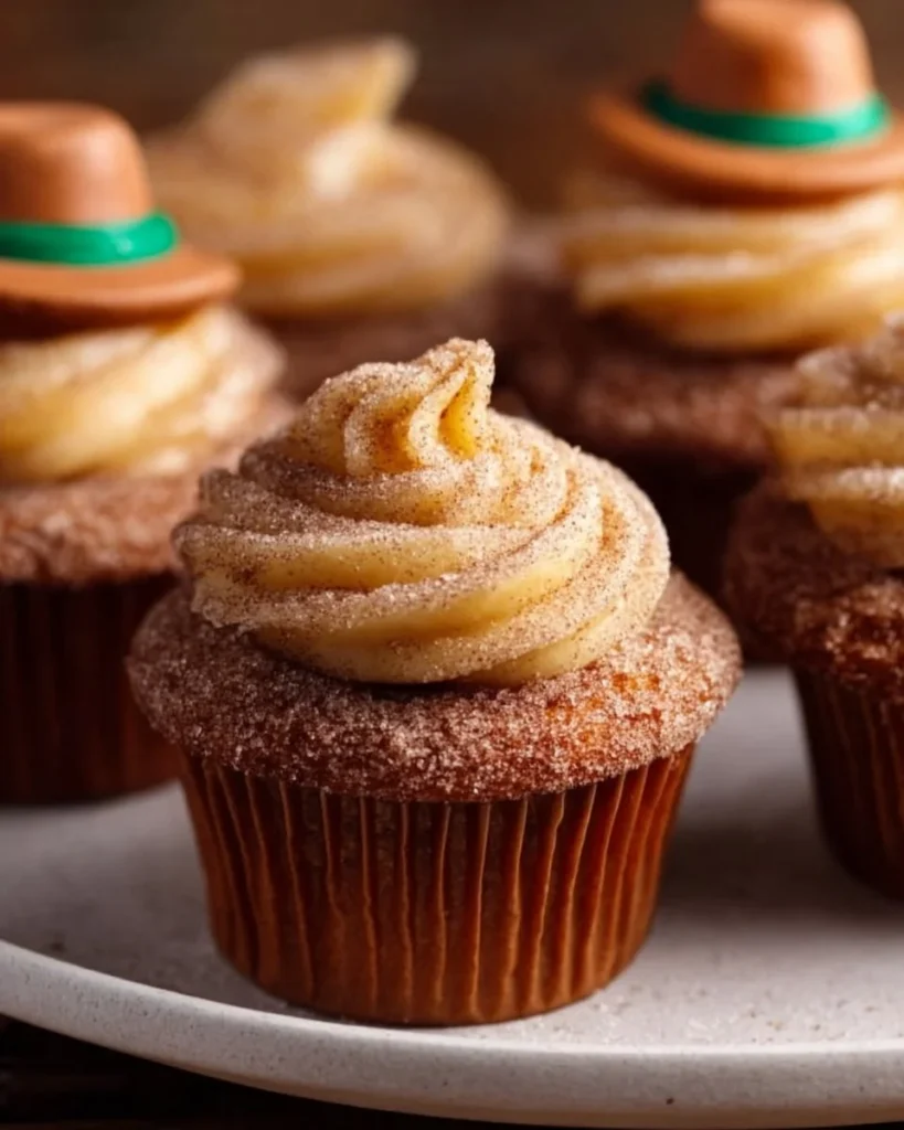 Delicious churro cupcakes topped with caramel sauce and cinnamon sugar