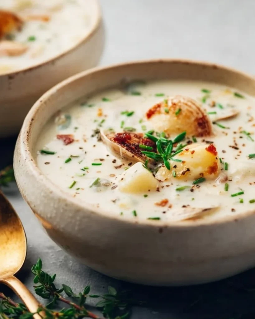 Bowl of classic clam chowder garnished with parsley and served with crusty bread