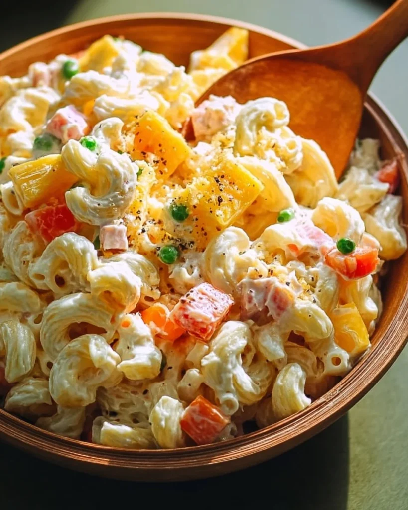 Bowl of classic Filipino macaroni salad with vegetables and mayonnaise