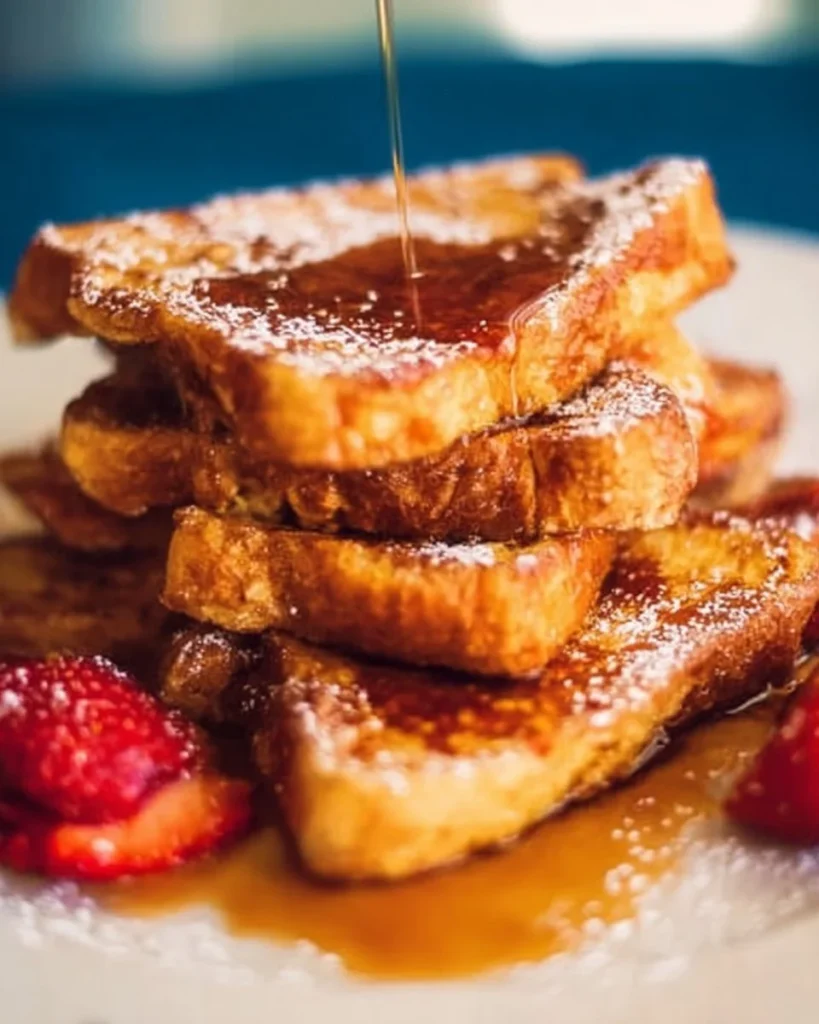 Delicious classic French toast served with syrup and berries