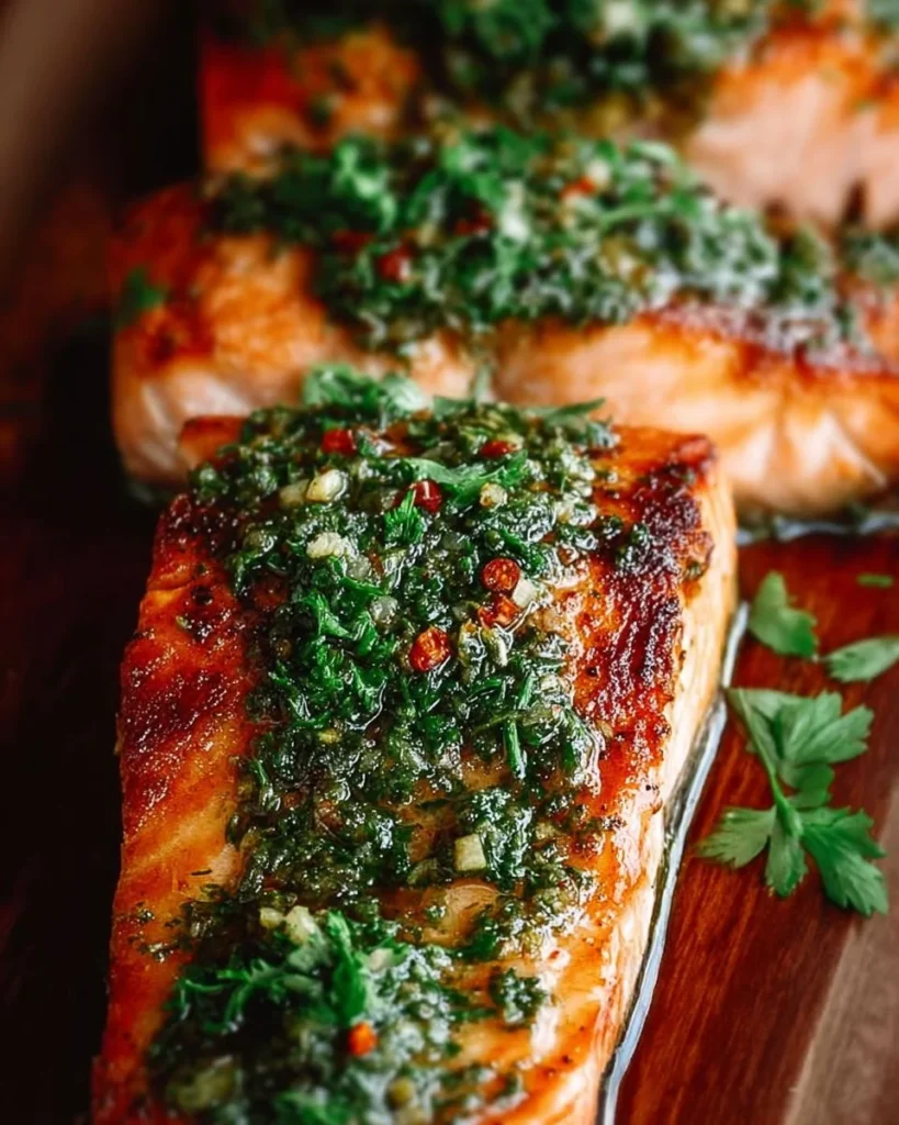 Delicious classic grilled salmon topped with vibrant chimichurri sauce