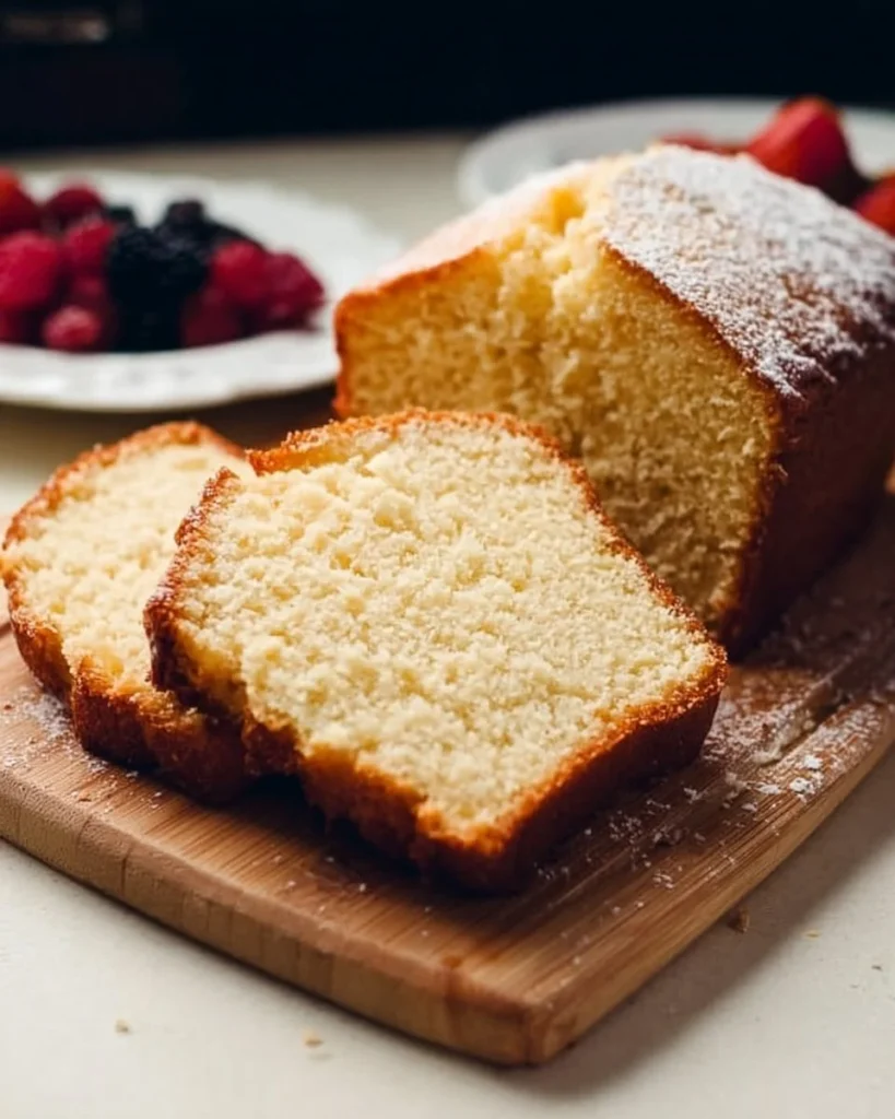Delicious classic pound cake slice on a rustic wooden table