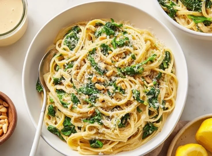 Creamy lemon broccoli pasta garnished with fresh herbs and lemon zest