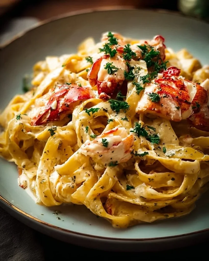Delicious creamy Tuscan lobster pasta garnished with herbs and served elegantly.