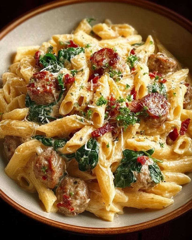 Creamy Tuscan sausage pasta served in a bowl with fresh herbs and cheese.