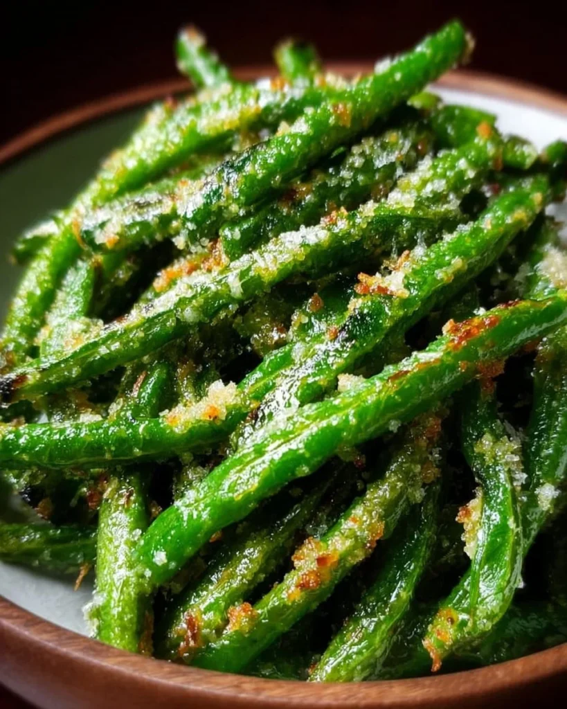 Plate of crispy garlic Parmesan green beans garnished with herbs
