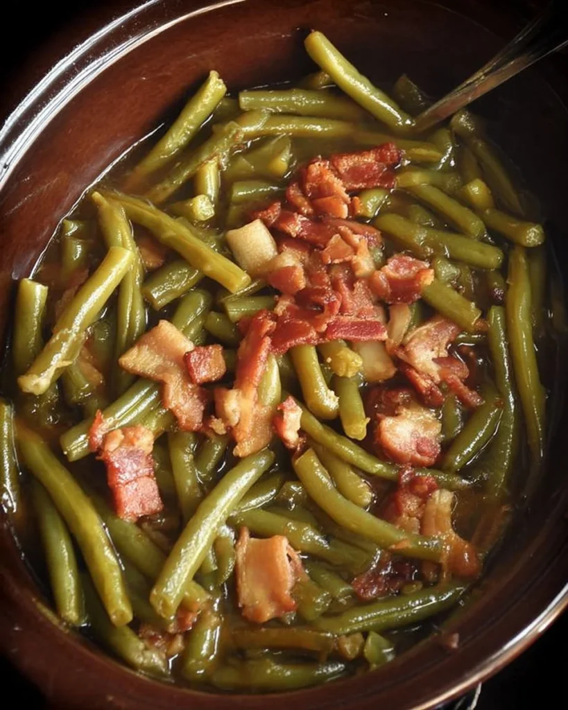 Crock Pot green beans cooked with bacon, a delicious side dish