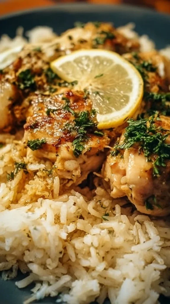 Crock-pot lemon chicken served with rice on a plate