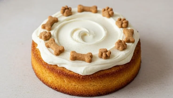 Delicious homemade dog birthday cake decorated with treats and frosting