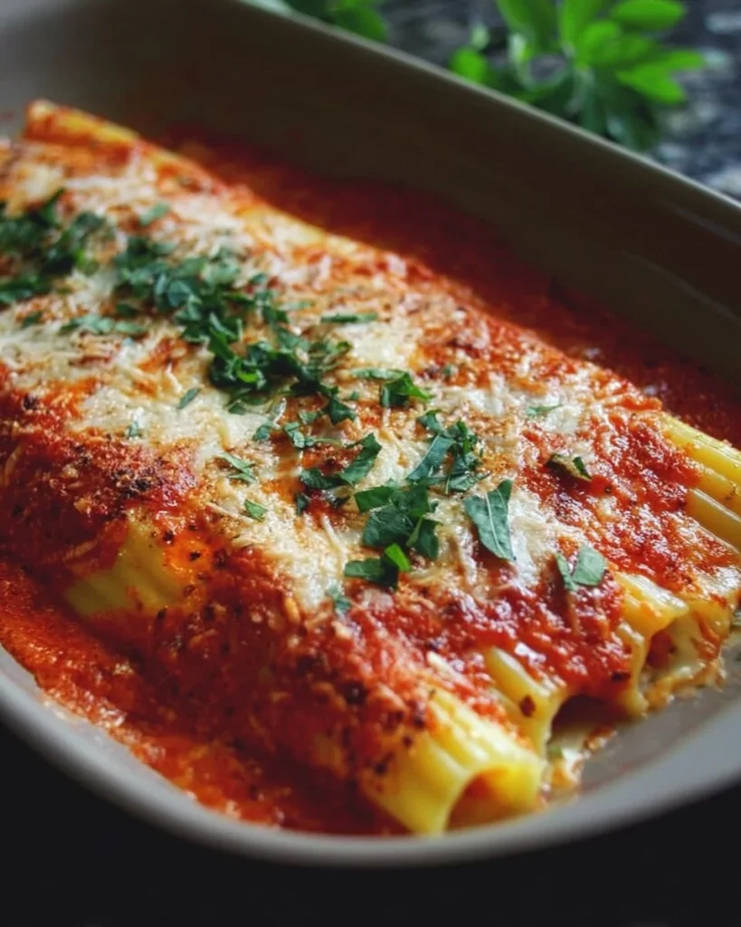 Delicious easy baked manicotti topped with marinara sauce and cheese