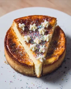 Easy birthday cake cheesecake recipe card with ingredients and instructions