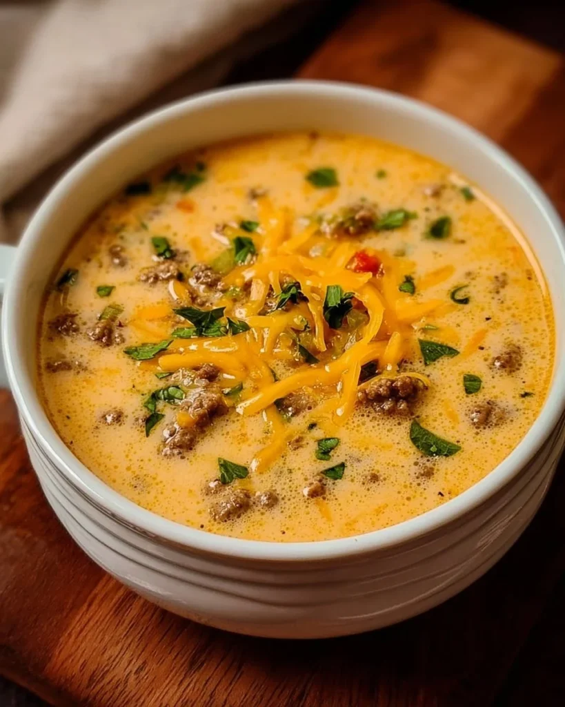 Bowl of easy cheeseburger soup topped with cheese and herbs.