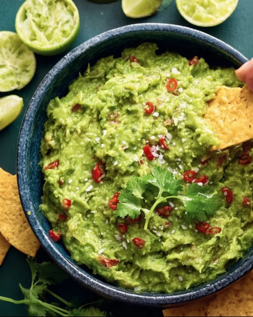 Bowl of easy healthy guacamole with fresh ingredients and tortilla chips