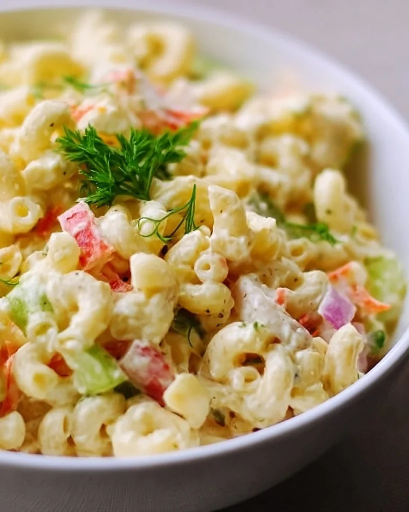 Bowl of easy macaroni salad with vegetables and dressing