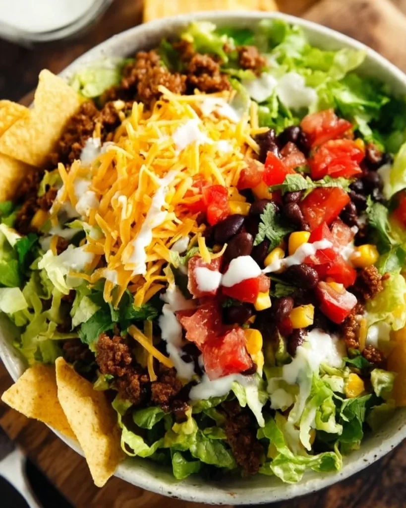 Delicious easy taco salad topped with fresh ingredients in a colorful bowl