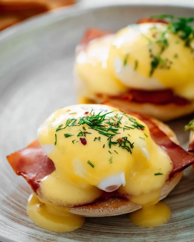 Delicious Eggs Benedict served with hollandaise sauce and fresh herbs