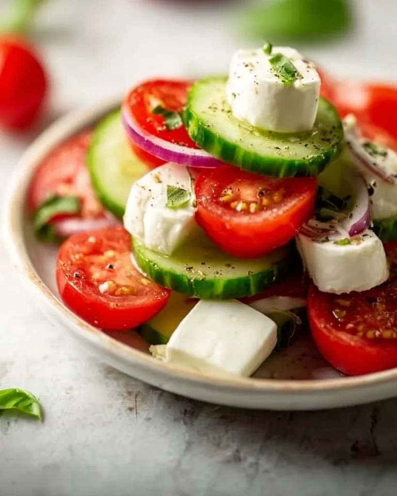 Fresh Cucumber Caprese Salad with mozzarella, tomatoes, and basil