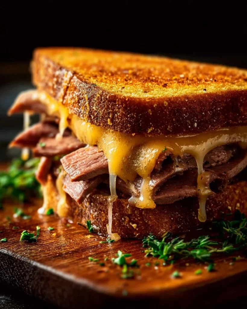 Gourmet roast beef and cheddar melt sandwich served on a rustic platter