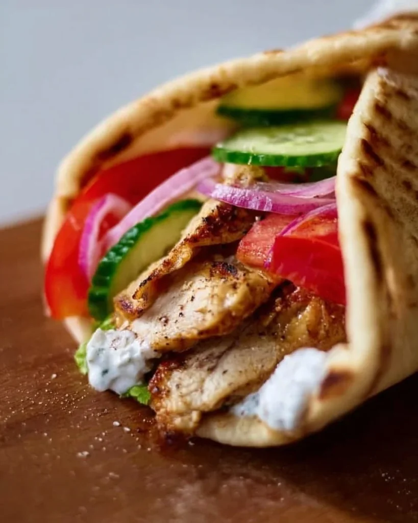 Delicious Greek-style Chicken Gyro with fresh vegetables and tzatziki sauce