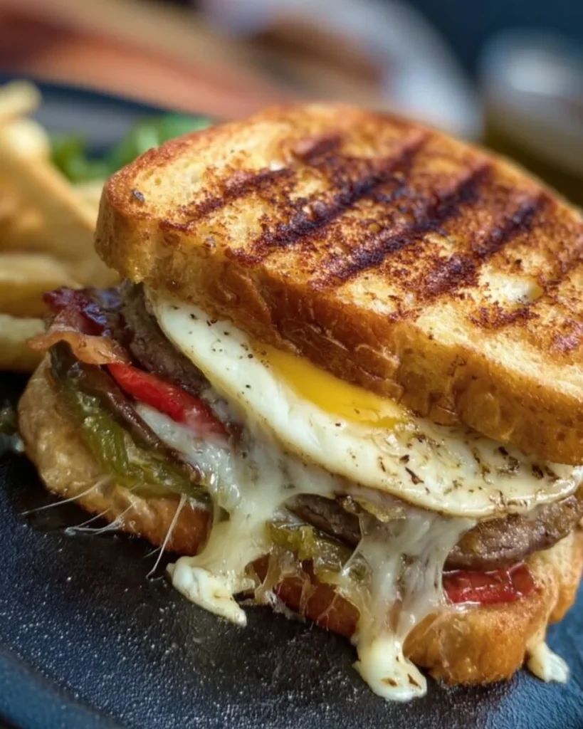 Delicious griddle breakfast sandwich with eggs, cheese, and bacon on a bun.