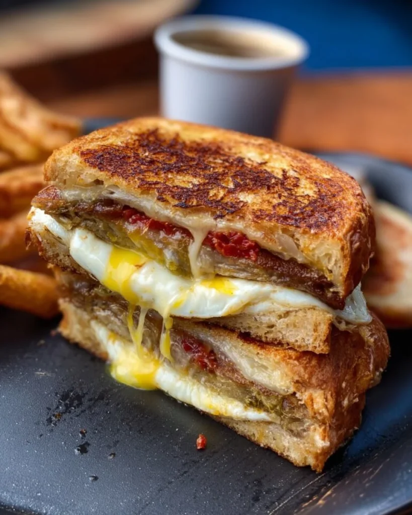 Griddle breakfast sandwich with eggs, cheese, and bacon on a toasted bun