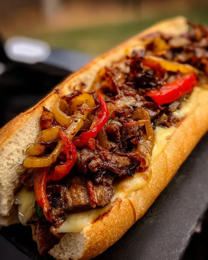 Delicious griddled cheesesteak sandwich with melted cheese and fresh ingredients