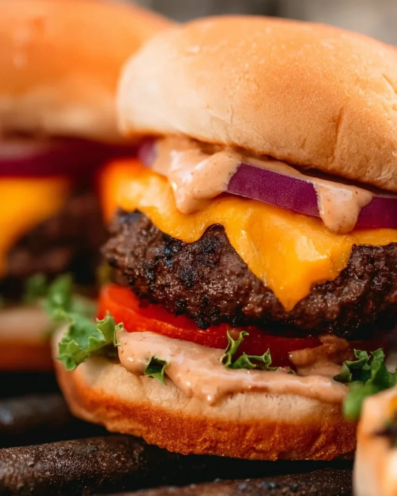 Delicious grilled cheeseburgers on a smoky grill