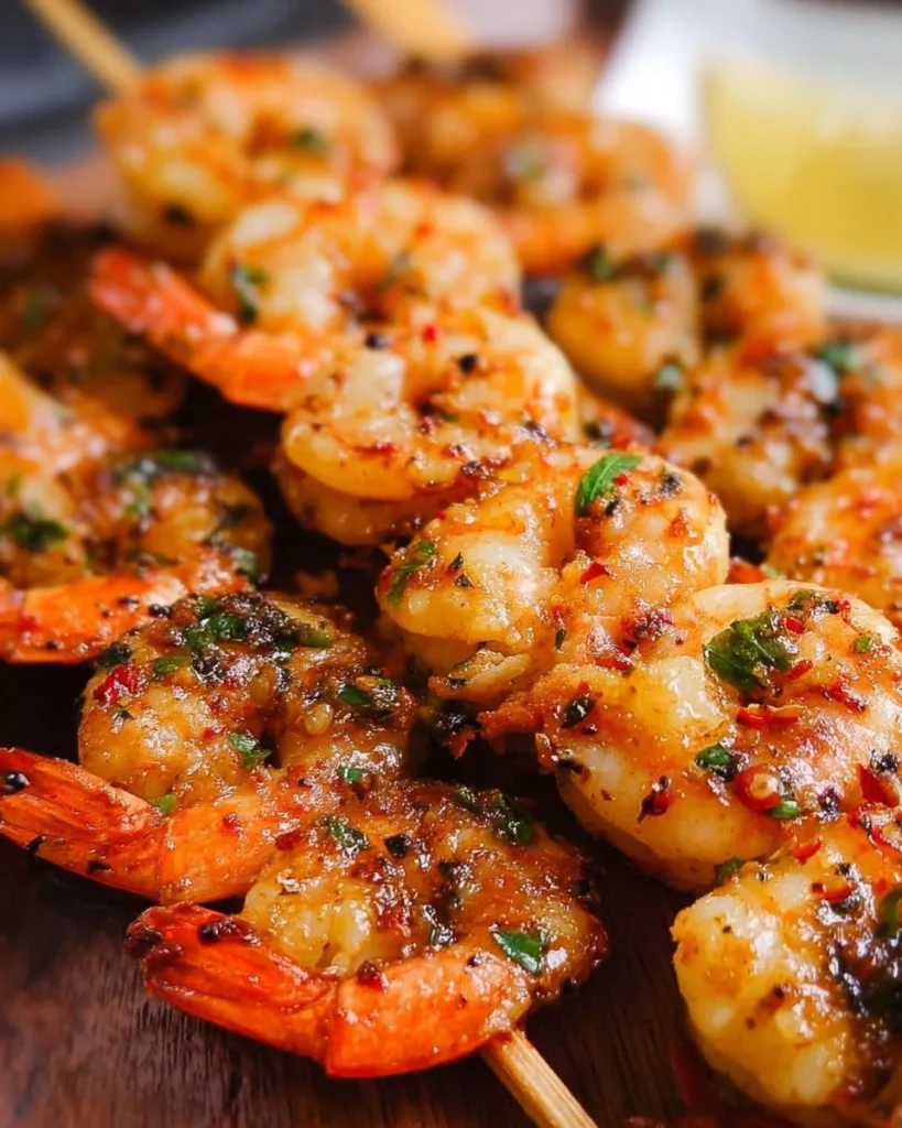 Grilled shrimp skewers on the barbecue grill with vibrant seasonings.