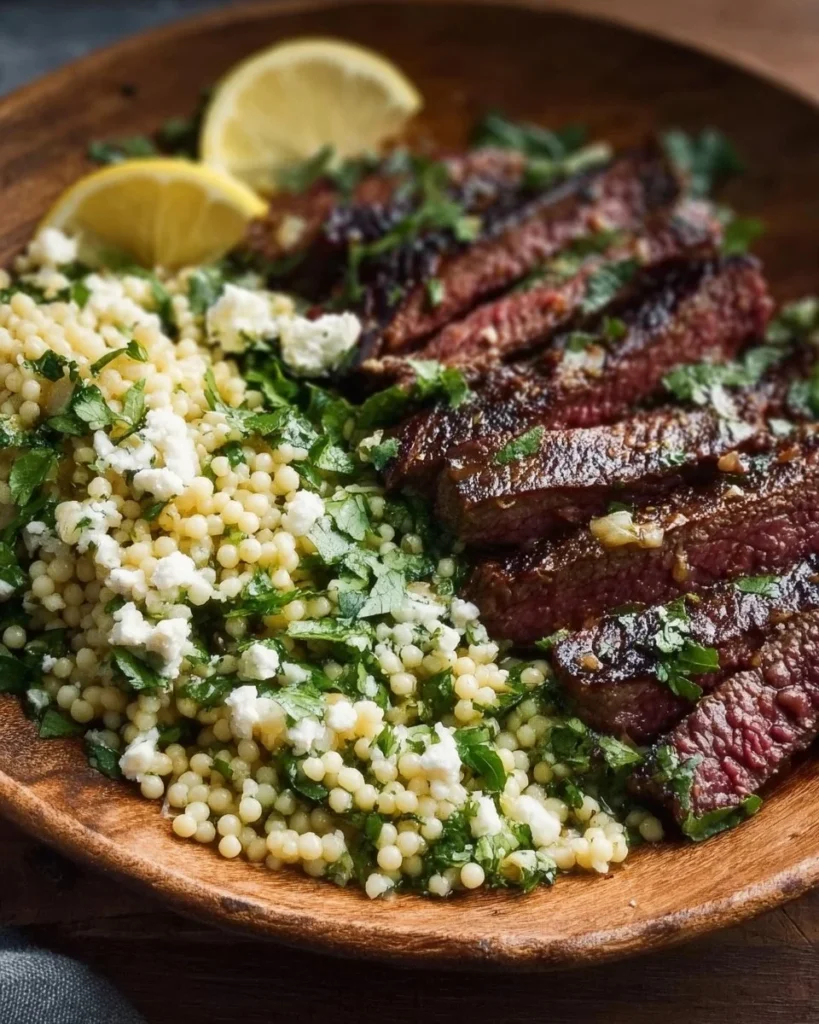 Juicy grilled skirt steak with lemon herb couscous on a plate