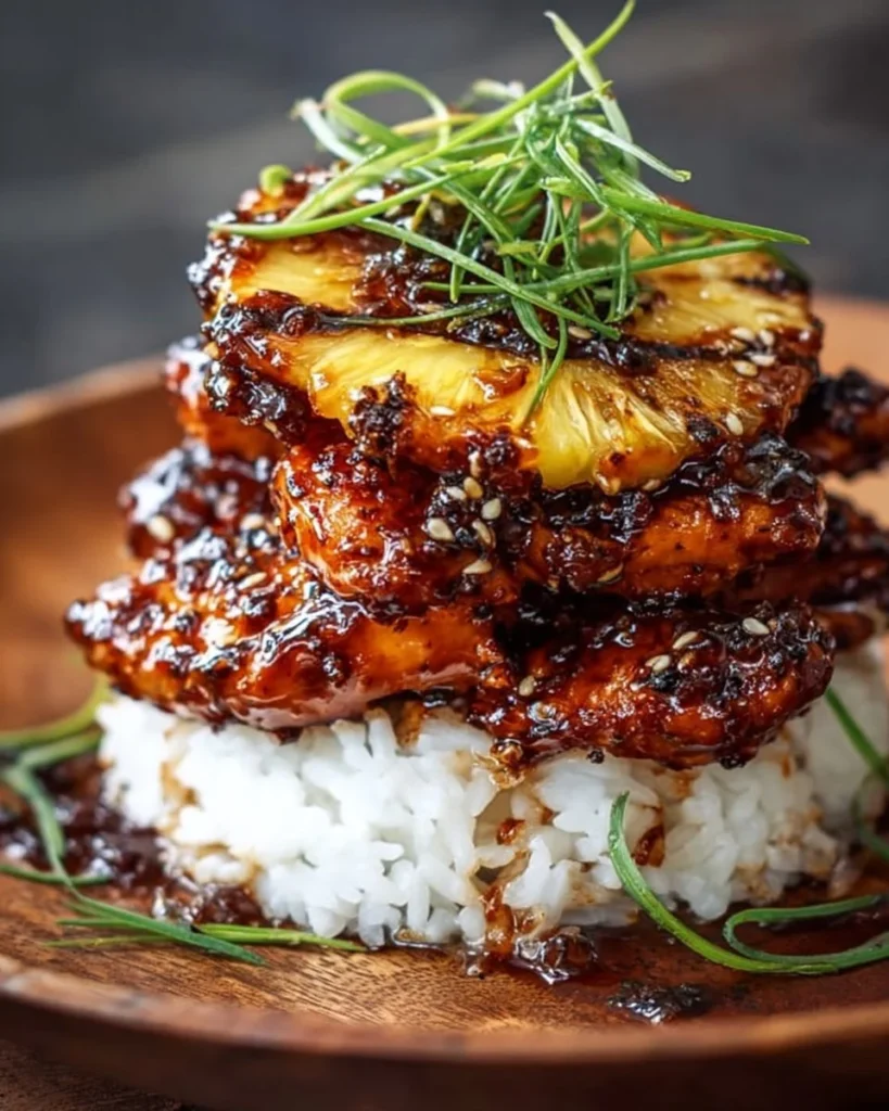 Hawaiian Chicken Turned Stack dish with vibrant colors and fresh ingredients