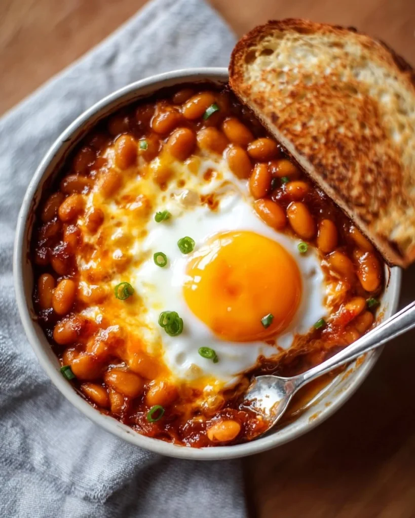 Plate of homemade egg and baked beans served for breakfast