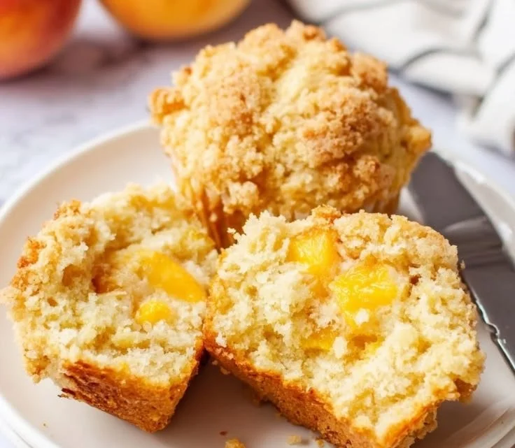 Delicious homemade peach cobbler muffins with juicy peaches and crumble topping