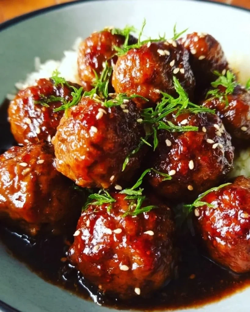 Plate of honey garlic meatballs served with a drizzle of sauce