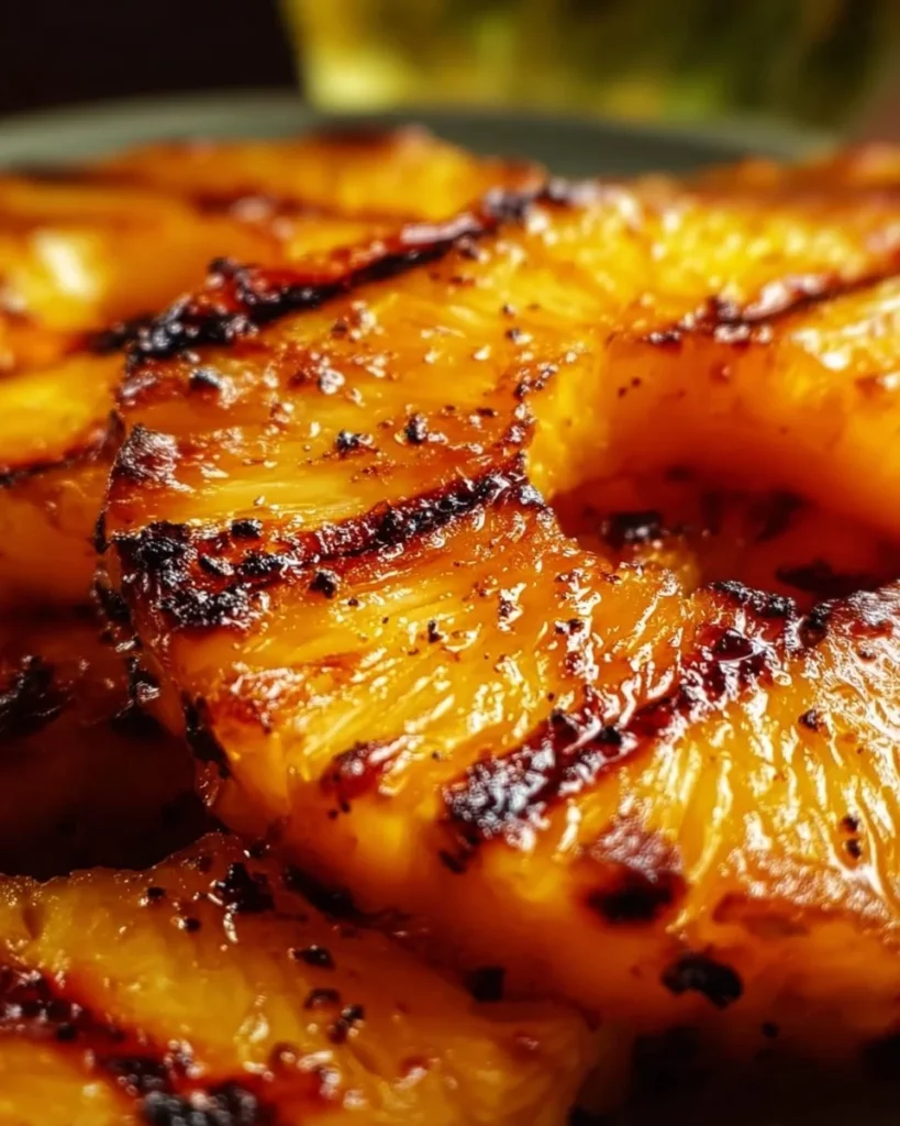 Delicious grilled pineapple slices glazed with honey on a barbecue grill
