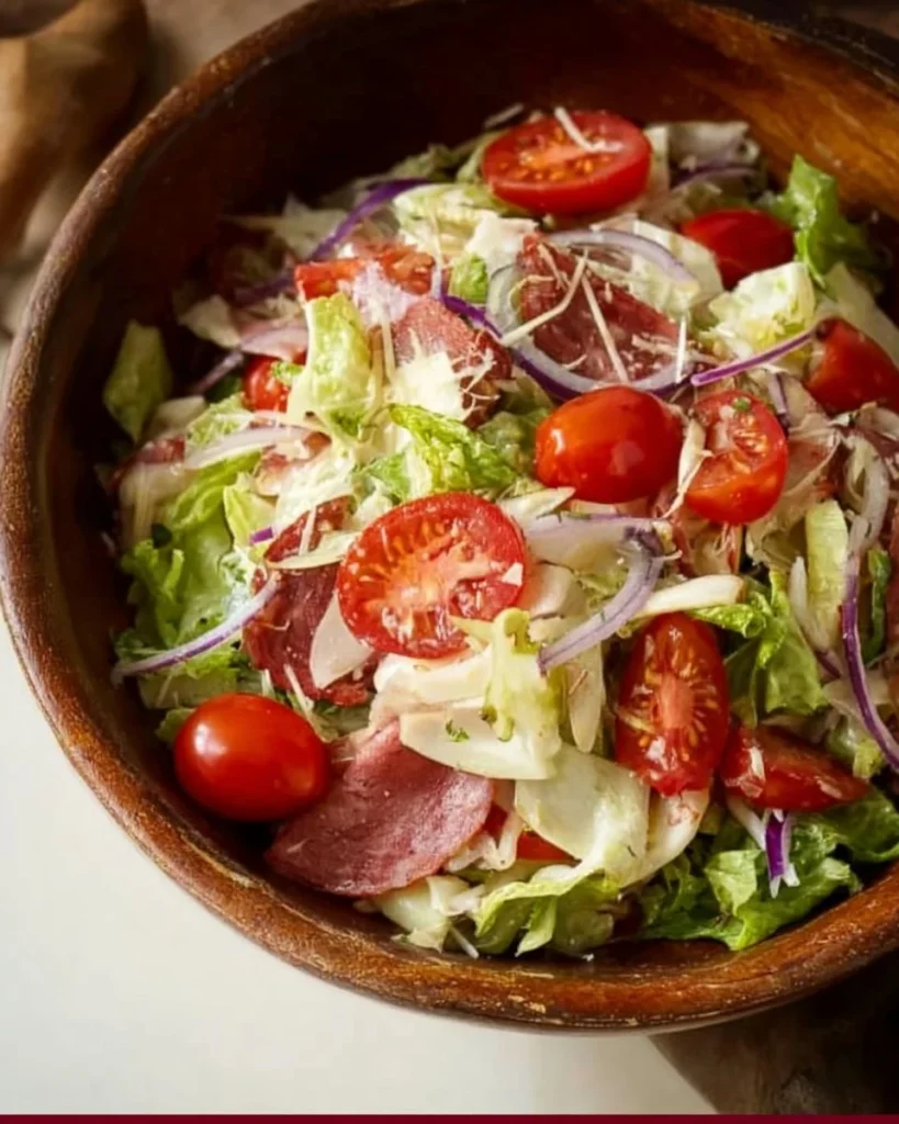 Italian Grinder Salad made with fresh vegetables, meats, and cheese.