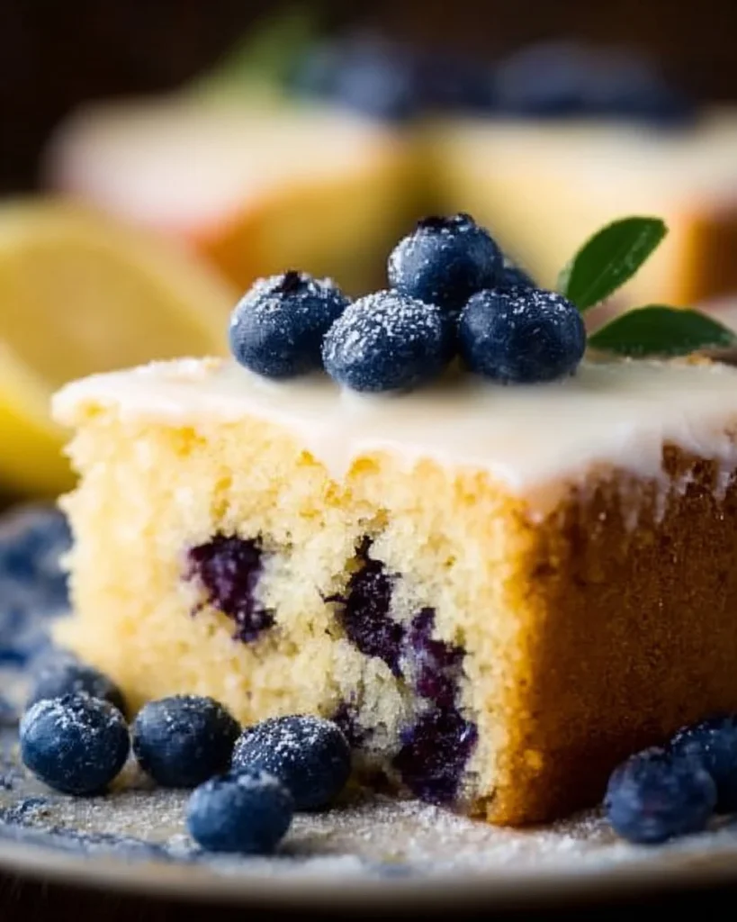 Slice of delicious Lemon Blueberry Cake topped with fresh blueberries.