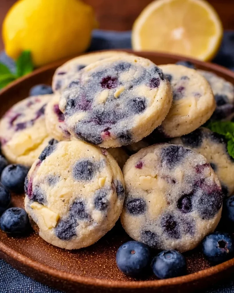 Delicious lemon blueberry cheesecake cookies on a plate garnished with fresh blueberries.