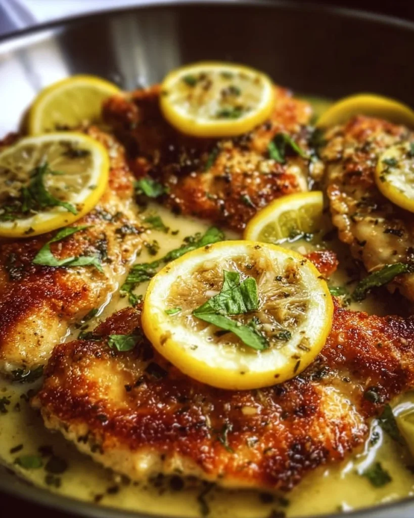 Delicious Lemon Chicken Romano served with fresh herbs and lemon slices