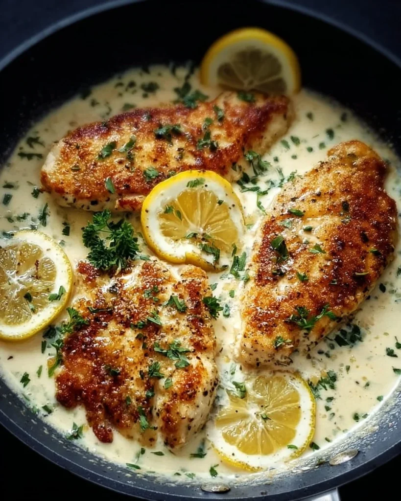Plate of lemon garlic chicken with creamy Parmesan sauce garnished with herbs
