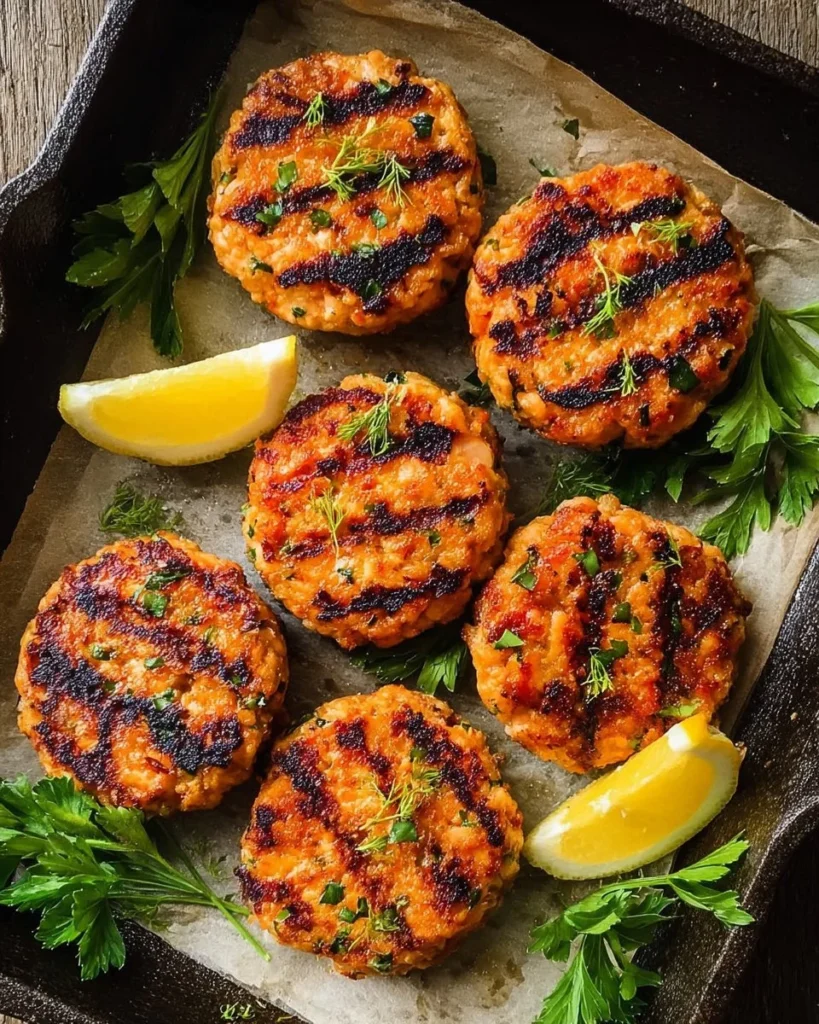 Lemon Grilled Salmon Cakes on a plate garnished with herbs