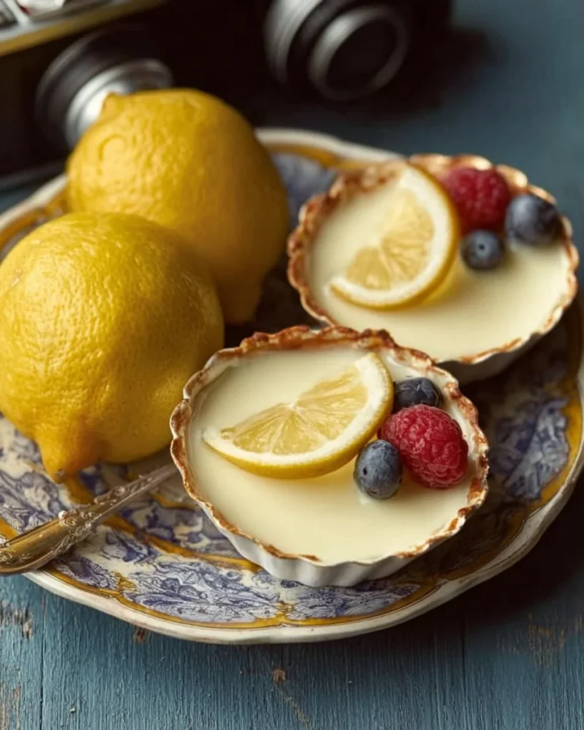 Delicious Lemon Posset dessert garnished with lemon slices and mint leaves.